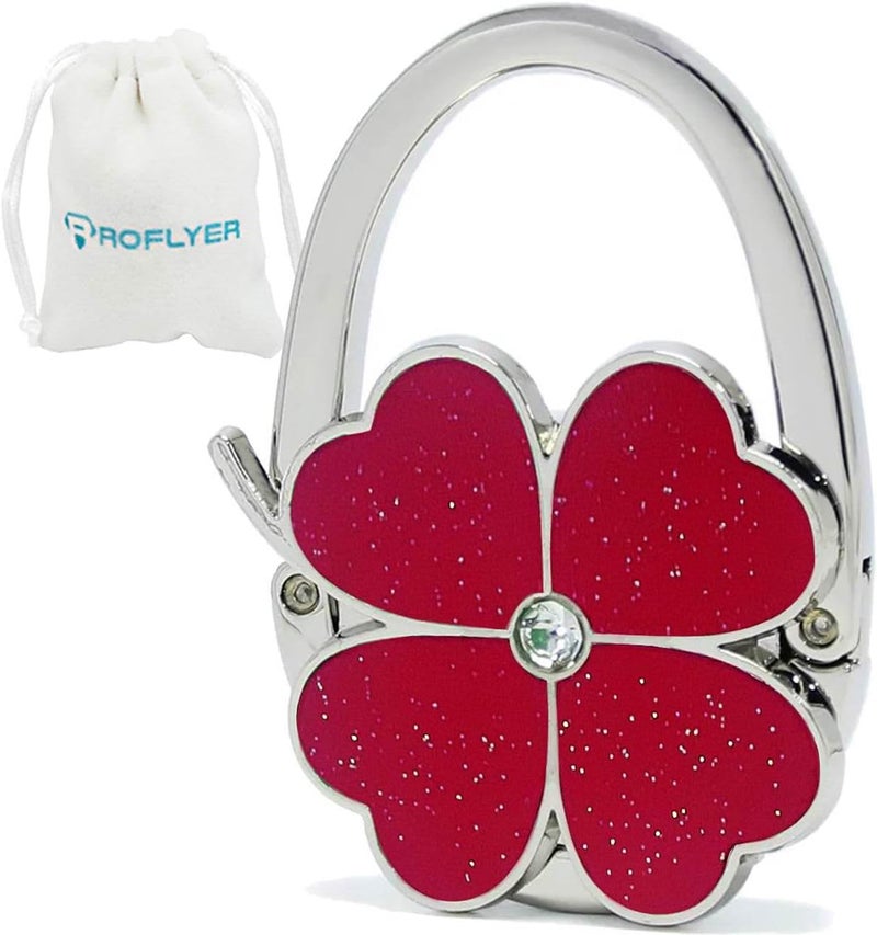 ROFLYER Four Leaf Clover Design Foldable Handbag Hanger Folding Purse Table Hook Holder (Red) - Image 1